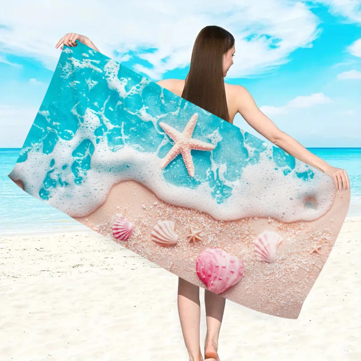 1pc Ocean element beach towel, suitable for outdoor sports, swimming, and fitness center multifunctional beach towel thumbnail 3