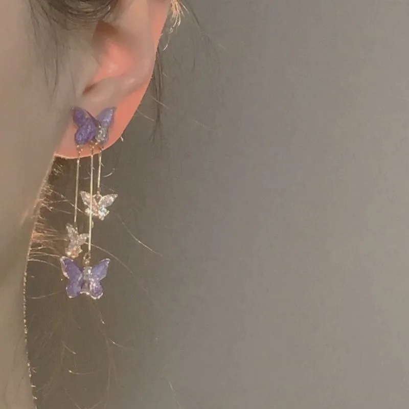 Elegant Purple Glass Butterfly Long Tassel Earrings for Women Delicate Rhinestone Crystal Insect Earrings Luxury Party Jewelry thumbnail 6