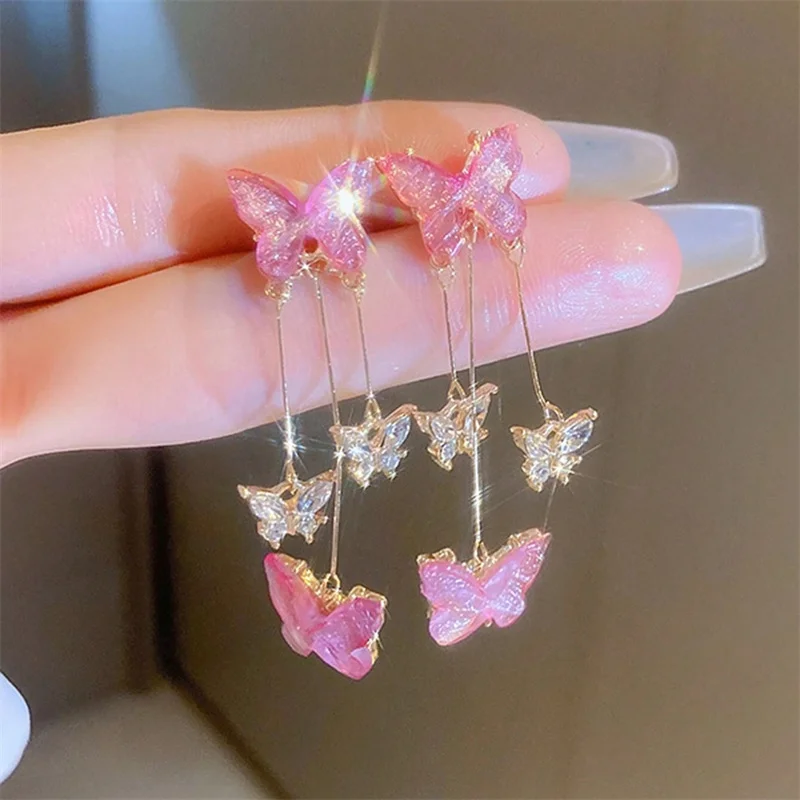 Elegant Purple Glass Butterfly Long Tassel Earrings for Women Delicate Rhinestone Crystal Insect Earrings Luxury Party Jewelry thumbnail 2