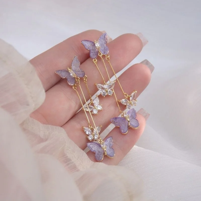 Elegant Purple Glass Butterfly Long Tassel Earrings for Women Delicate Rhinestone Crystal Insect Earrings Luxury Party Jewelry thumbnail 3