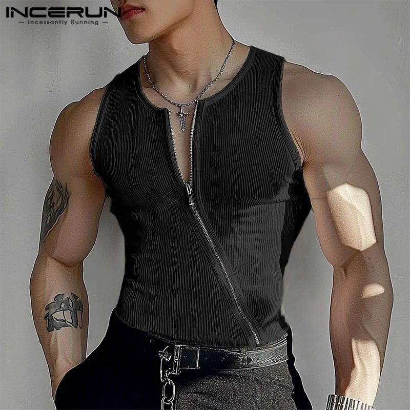 INCERUN Men Tank Tops Solid Color Knitted Zipper Sleeveless Male Vests Summer Streetwear Skinny 2025 Fashion Men Clothing S-3XL