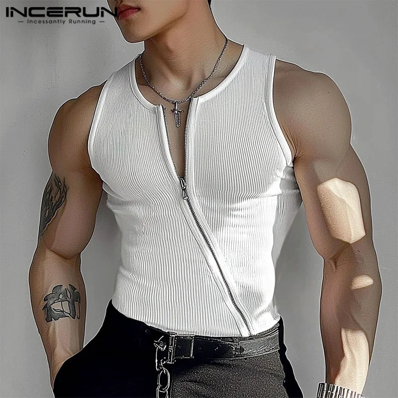 INCERUN Men Tank Tops Solid Color Knitted Zipper Sleeveless Male Vests Summer Streetwear Skinny 2025 Fashion Men Clothing S-3XL thumbnail 3
