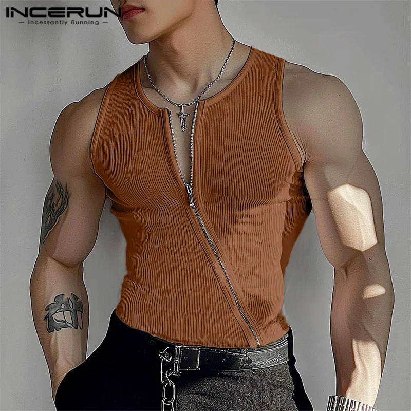 INCERUN Men Tank Tops Solid Color Knitted Zipper Sleeveless Male Vests Summer Streetwear Skinny 2025 Fashion Men Clothing S-3XL thumbnail 2