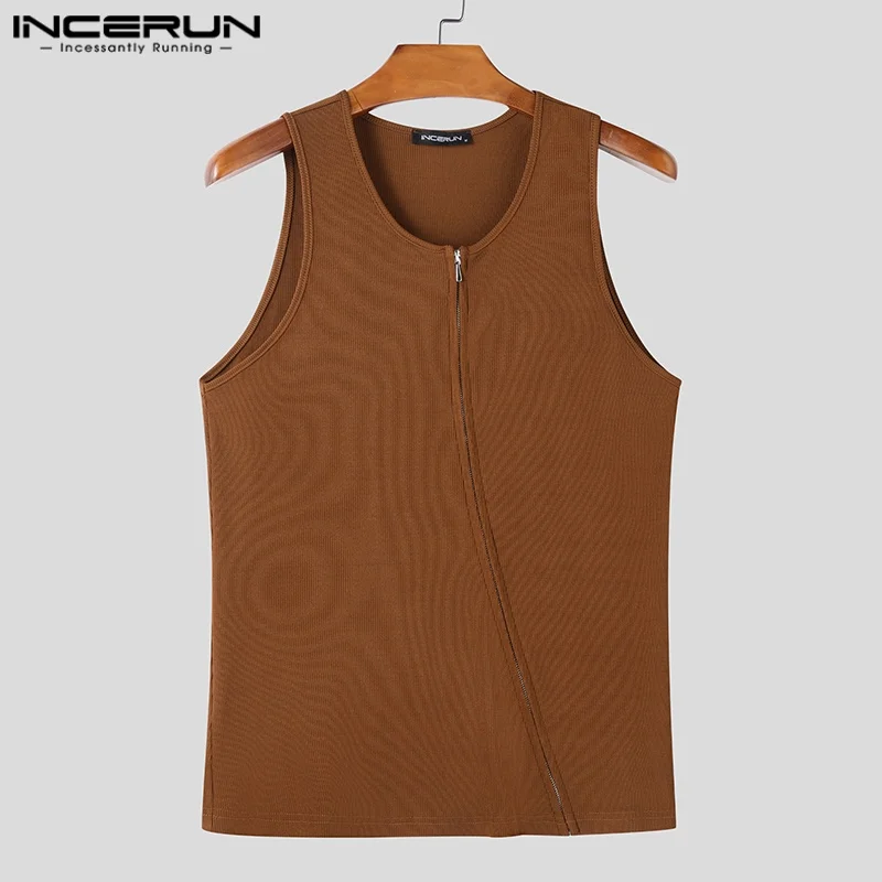 INCERUN Men Tank Tops Solid Color Knitted Zipper Sleeveless Male Vests Summer Streetwear Skinny 2025 Fashion Men Clothing S-3XL thumbnail 4