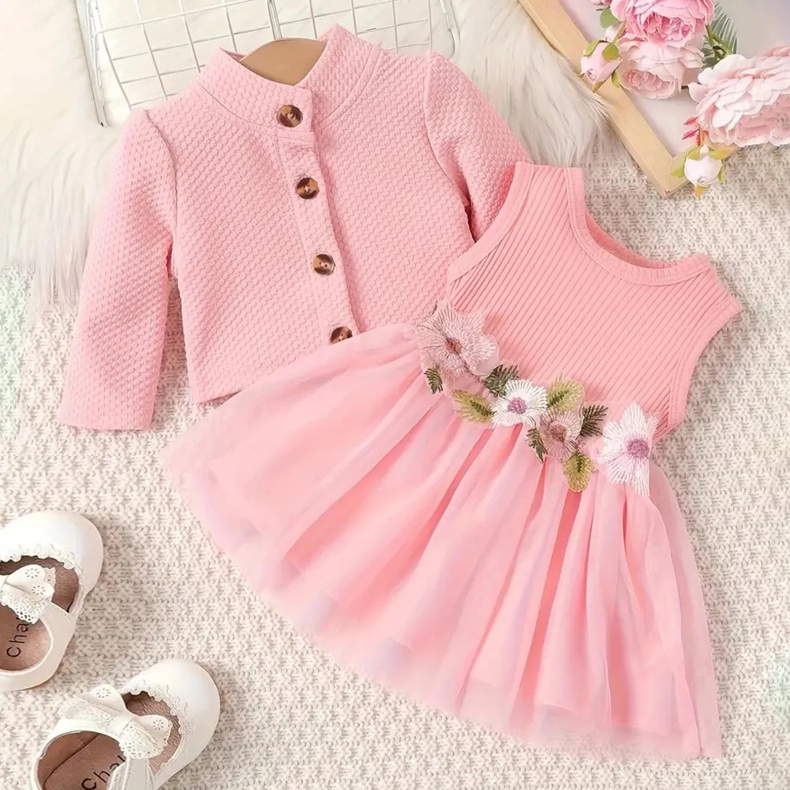 MISOWMNJOY Baby Girl Fall Outfit Spring Fall Long Sleeve Cardigan Coat Flower Embroidery Tulle Tank Dress Toddler 2 Piece Set thumbnail 4