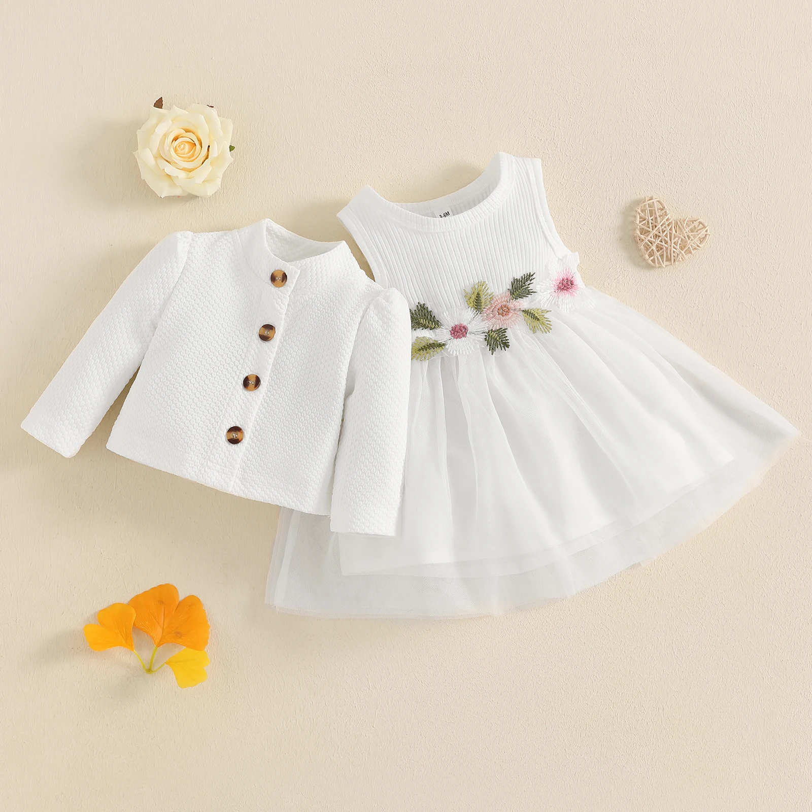 MISOWMNJOY Baby Girl Fall Outfit Spring Fall Long Sleeve Cardigan Coat Flower Embroidery Tulle Tank Dress Toddler 2 Piece Set thumbnail 3