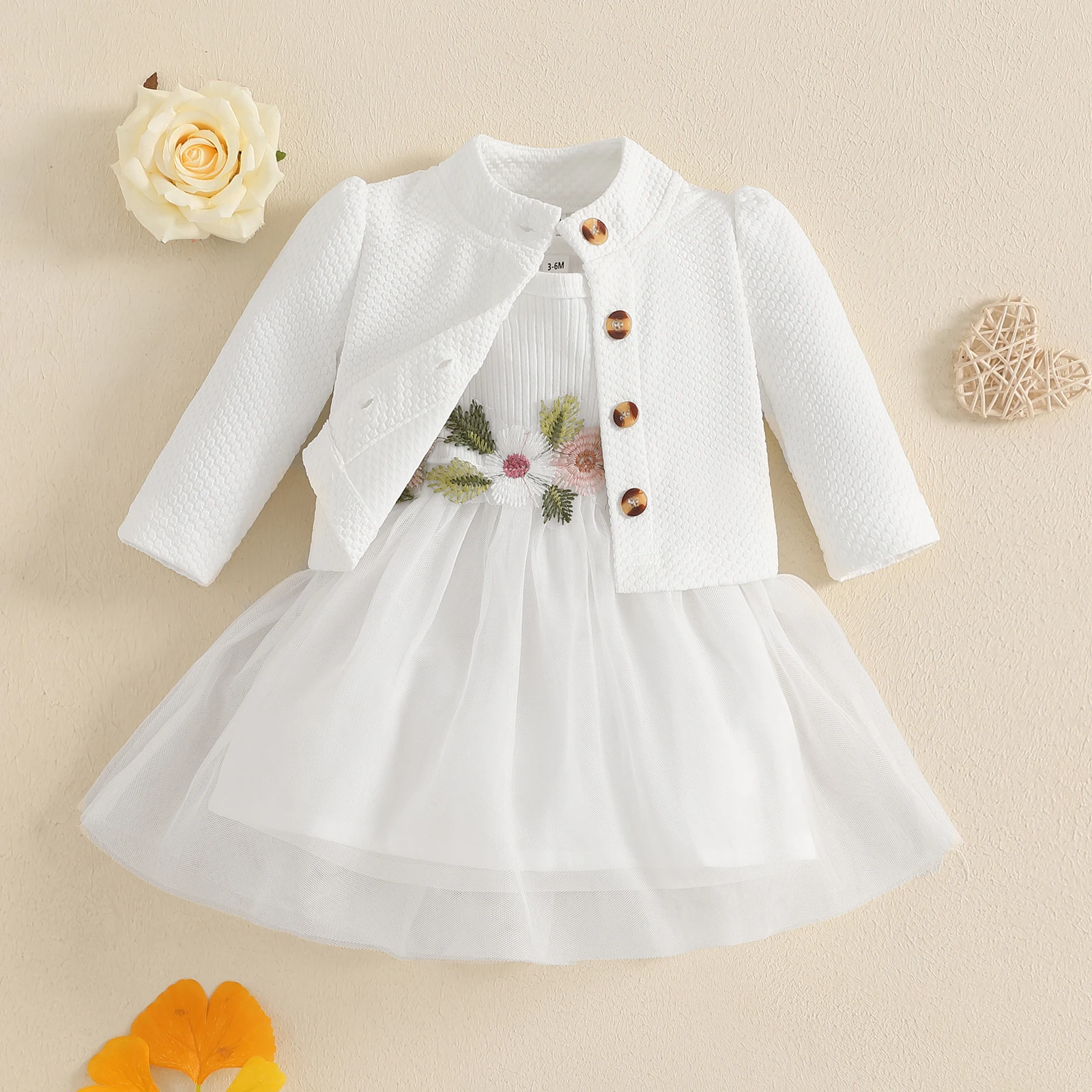 MISOWMNJOY Baby Girl Fall Outfit Spring Fall Long Sleeve Cardigan Coat Flower Embroidery Tulle Tank Dress Toddler 2 Piece Set thumbnail 2