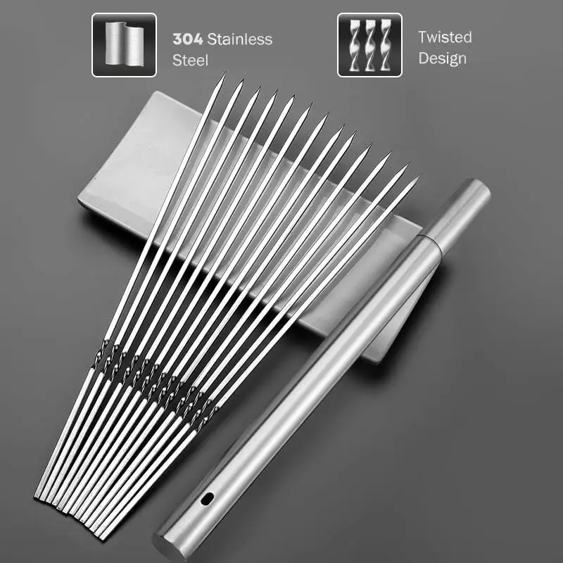 40PCS 304 Stainless Steel 13.5"Long Flat Barbecue Skewers,BBQ Kebob Skewers with Metal Storage Tube,Reusable For Grilling thumbnail 4