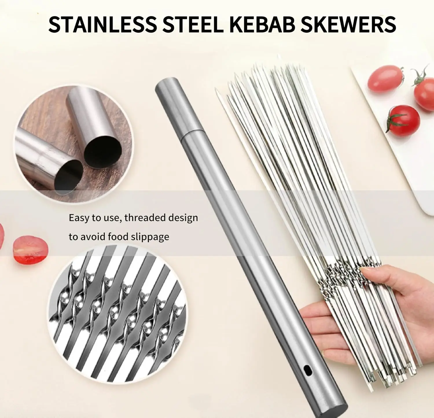 40PCS 304 Stainless Steel 13.5"Long Flat Barbecue Skewers,BBQ Kebob Skewers with Metal Storage Tube,Reusable For Grilling thumbnail 5