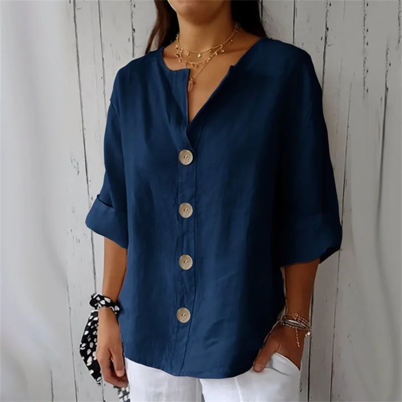 Summer Loose Shirt Women's V-Neck Cotton Linen Button Top Casual Shirts Solid Fashion Elegant Office Womens Clothing 2025 Blouse