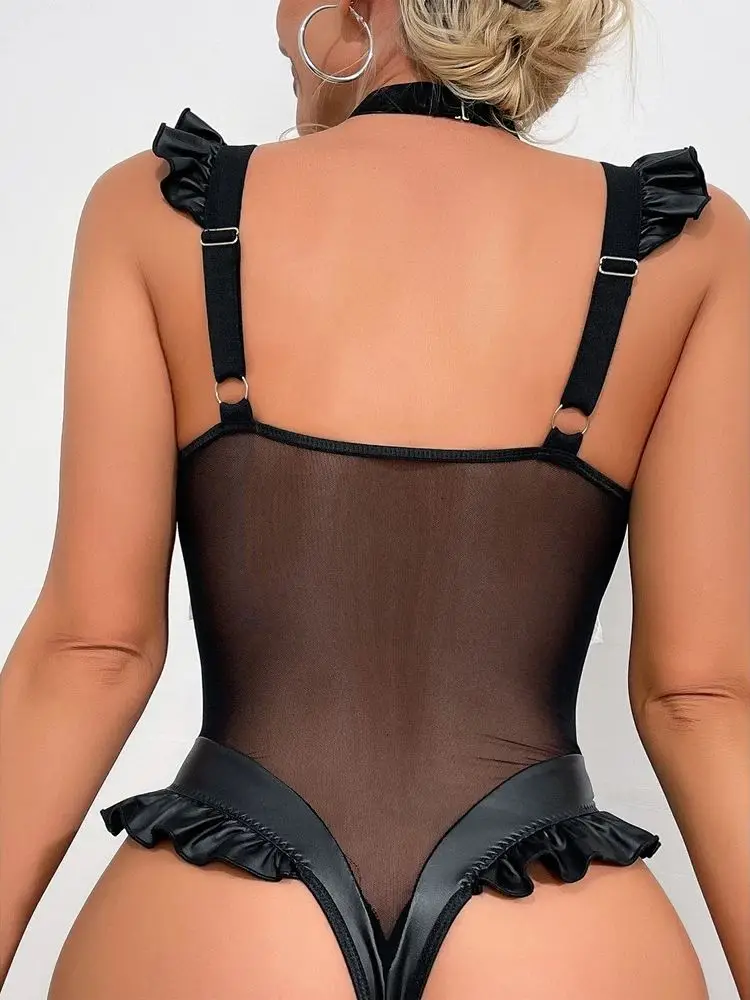 M-XXL Sleeveless Faux PU Leather Mesh Camisole Bodysuit Tights Hot Sexy Body Teddies Deep V-neck Swimsuit Cosplay Clubwear Tops thumbnail 5