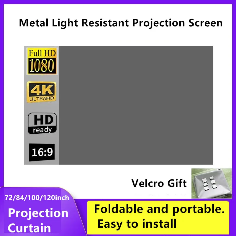 XIAOHUI Projector Screen Simple 16:9 Anti-Light Curtain 60/72/84/100/110/120/133/150 Inches Home Outdoor Office Portable 3d HD thumbnail 2