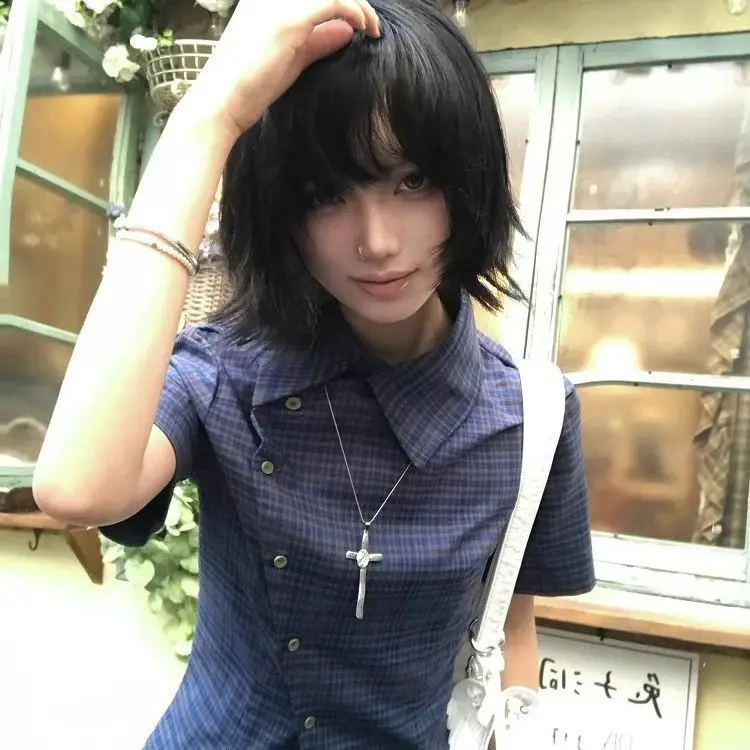 Genayooa Vintage Plaid Casual Shirt Women Short Sleeve Y2k Tops Japanese 2000s Summer Shirt Irregular American Retro 90s Tshirts thumbnail 3