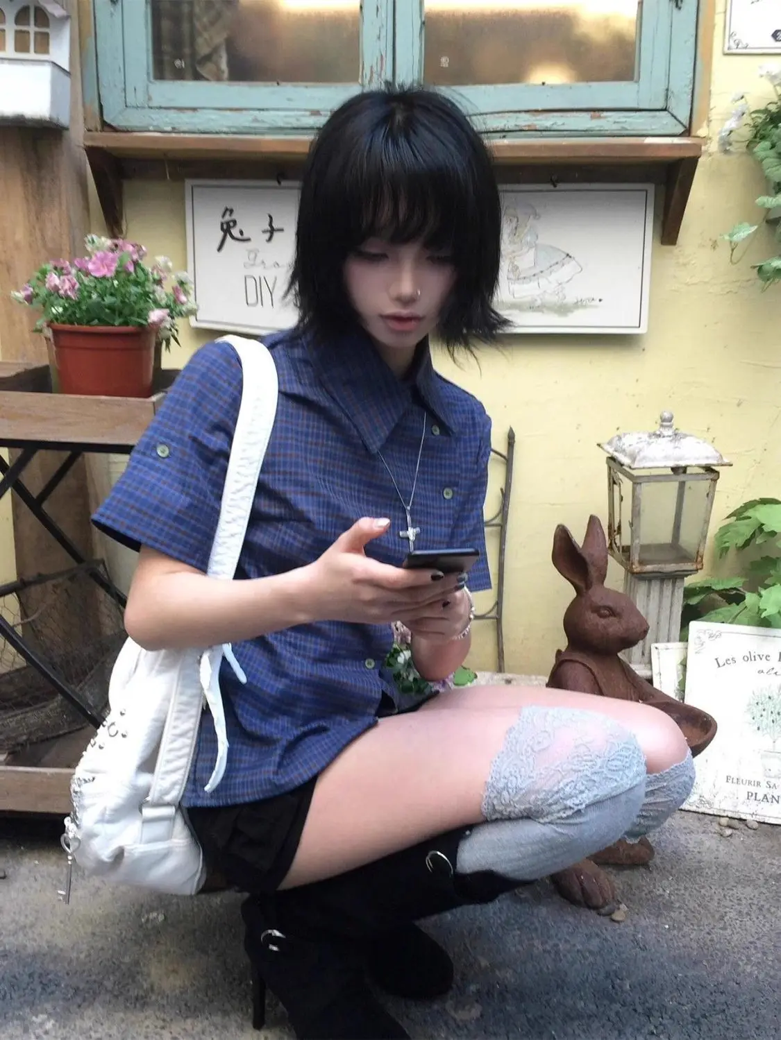 Genayooa Vintage Plaid Casual Shirt Women Short Sleeve Y2k Tops Japanese 2000s Summer Shirt Irregular American Retro 90s Tshirts thumbnail 6