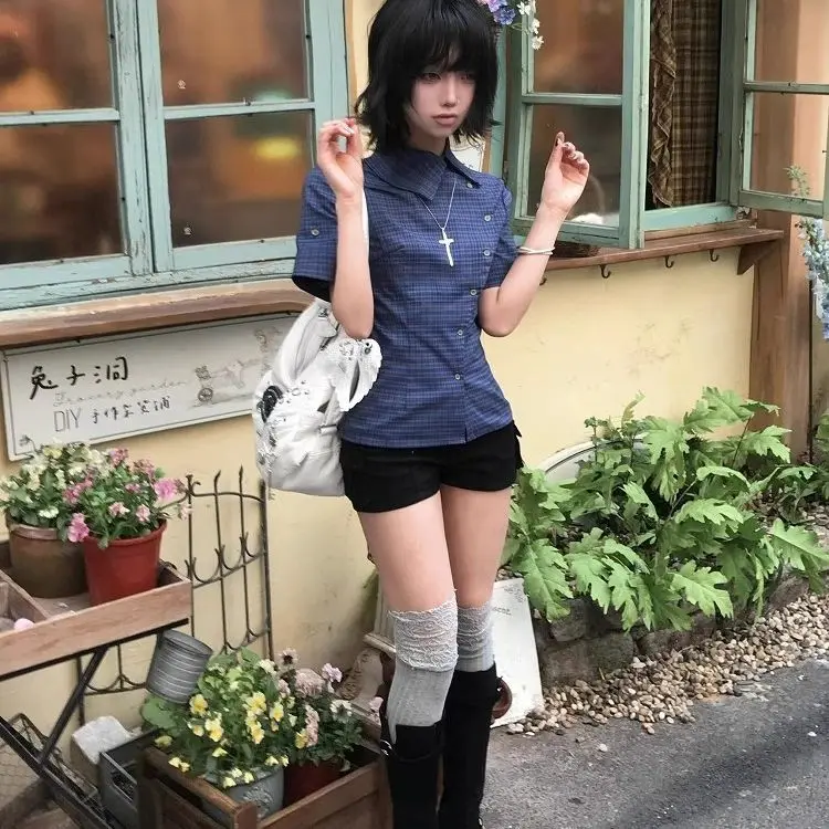 Genayooa Vintage Plaid Casual Shirt Women Short Sleeve Y2k Tops Japanese 2000s Summer Shirt Irregular American Retro 90s Tshirts thumbnail 5