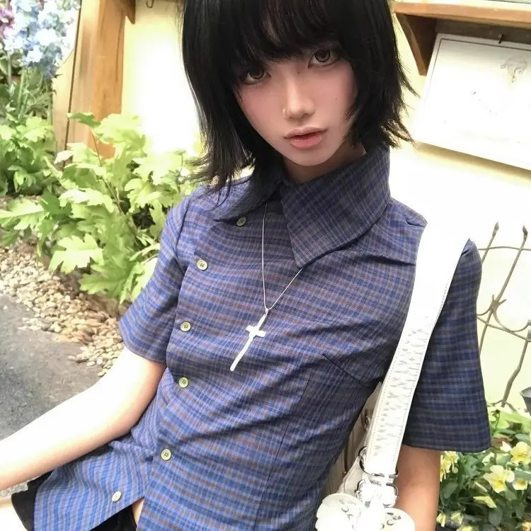 Genayooa Vintage Plaid Casual Shirt Women Short Sleeve Y2k Tops Japanese 2000s Summer Shirt Irregular American Retro 90s Tshirts thumbnail 2
