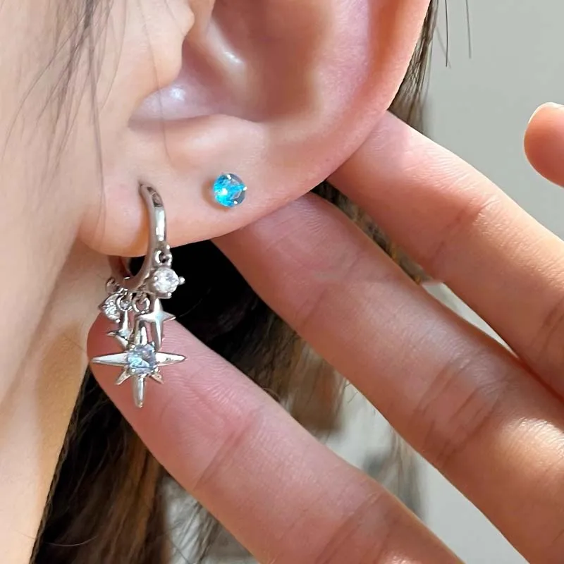 Y2K Blue Zircon Eight-Pointed Star Pendant Earrings for Women Silver Color Star Tassel Ear Buckle Minimalist Design Jewelry Gift thumbnail 2