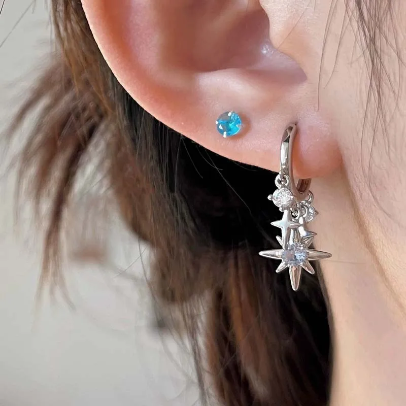 Y2K Blue Zircon Eight-Pointed Star Pendant Earrings for Women Silver Color Star Tassel Ear Buckle Minimalist Design Jewelry Gift thumbnail 3