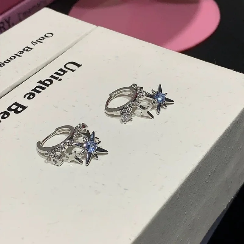 Y2K Blue Zircon Eight-Pointed Star Pendant Earrings for Women Silver Color Star Tassel Ear Buckle Minimalist Design Jewelry Gift thumbnail 5