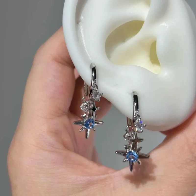 Y2K Blue Zircon Eight-Pointed Star Pendant Earrings for Women Silver Color Star Tassel Ear Buckle Minimalist Design Jewelry Gift thumbnail 4