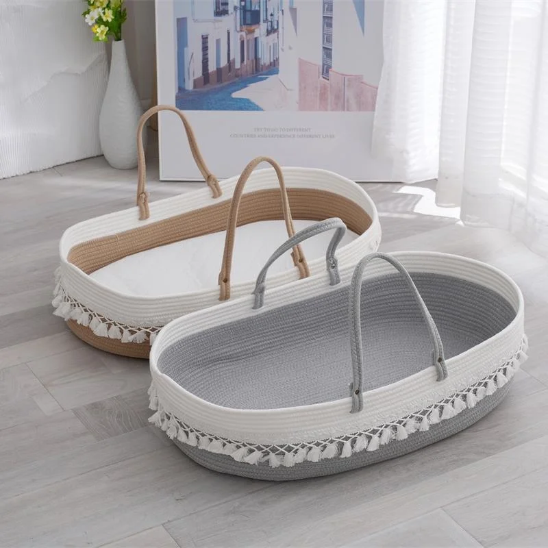 Portable cotton Rope Woven Baby Child Travel Bed Baskets Folding Baby Bed Basket Cribs for Newborn Baby with Pads