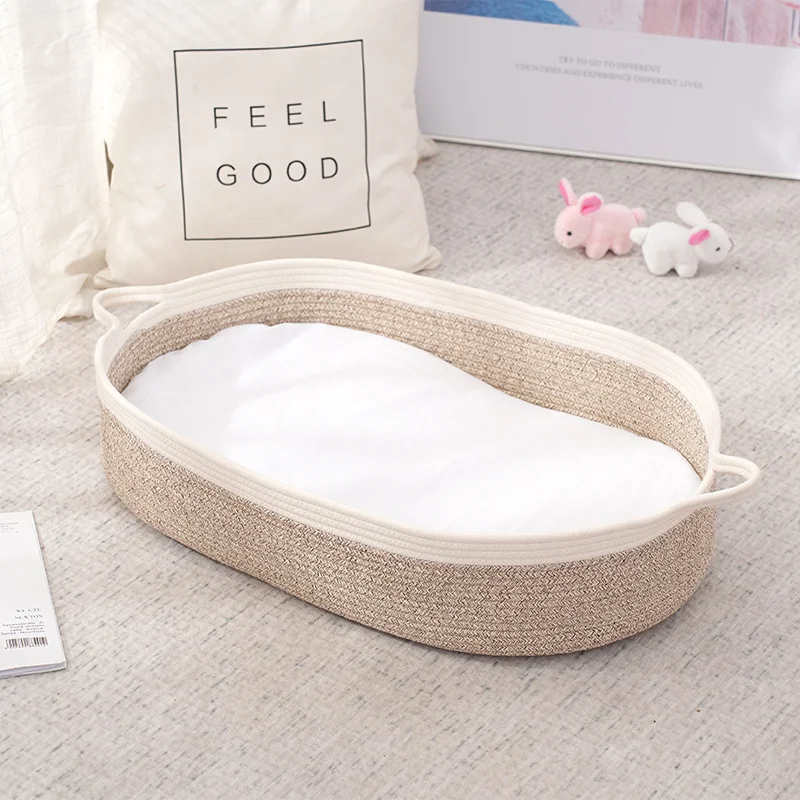Portable cotton Rope Woven Baby Child Travel Bed Baskets Folding Baby Bed Basket Cribs for Newborn Baby with Pads thumbnail 5
