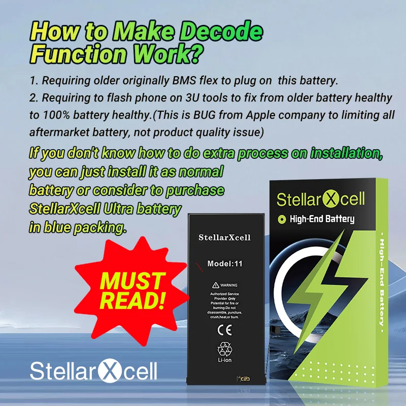 Decode Battery No important message Show 100% genuine StellarXcell Battery For iPhone 11 Pro Max 12 13 14 13 mini 15 plus thumbnail 5
