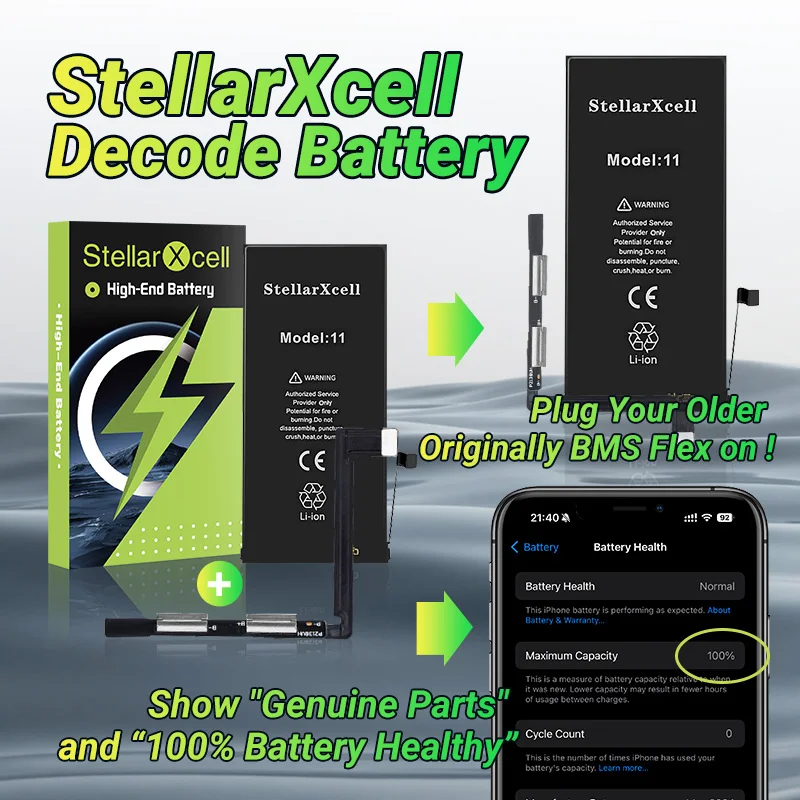 Decode Battery No important message Show 100% genuine StellarXcell Battery For iPhone 11 Pro Max 12 13 14 13 mini 15 plus thumbnail 2