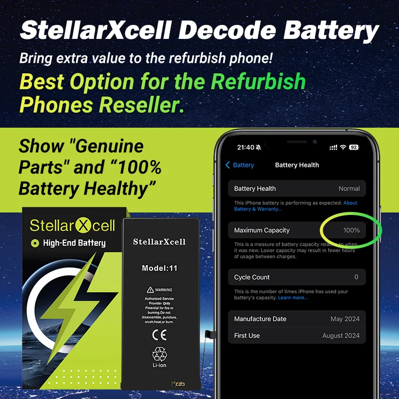 Decode Battery No important message Show 100% genuine StellarXcell Battery For iPhone 11 Pro Max 12 13 14 13 mini 15 plus thumbnail 4