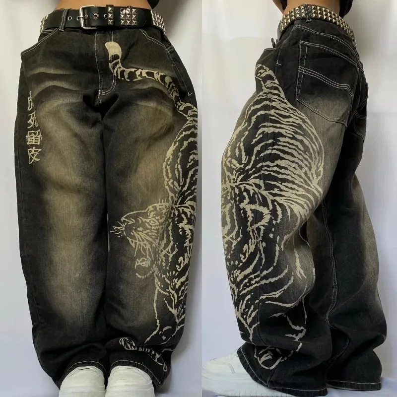 Y2K American New Fashion Tiger Print Loose Jeans Women High Street Harajuku Wind Trend Casual Joker High Waist Wide Leg Pants thumbnail 2