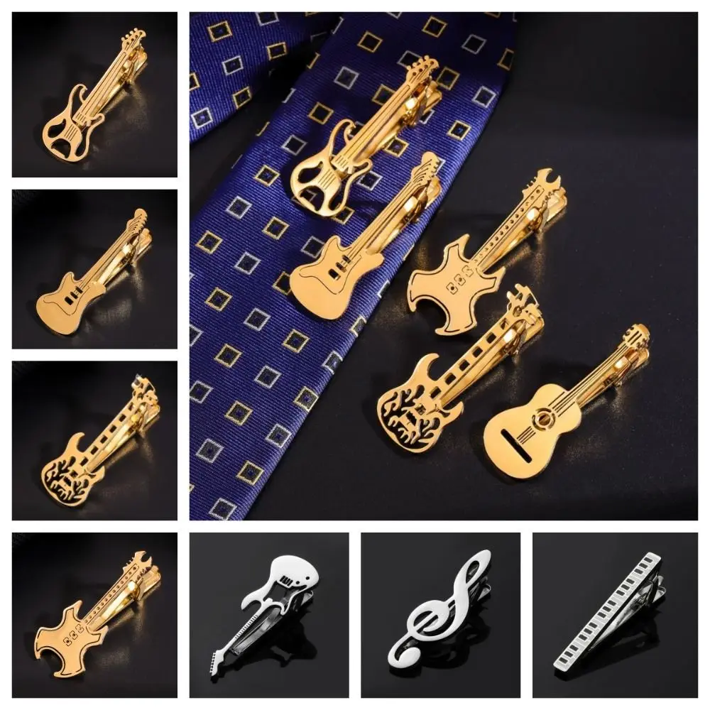 Fashion Treble Clef Guitar Tie Clip Instrument Titanium Steel Music Note Tie Pin Punk Hip Hop Piano Necktie Buckle Men