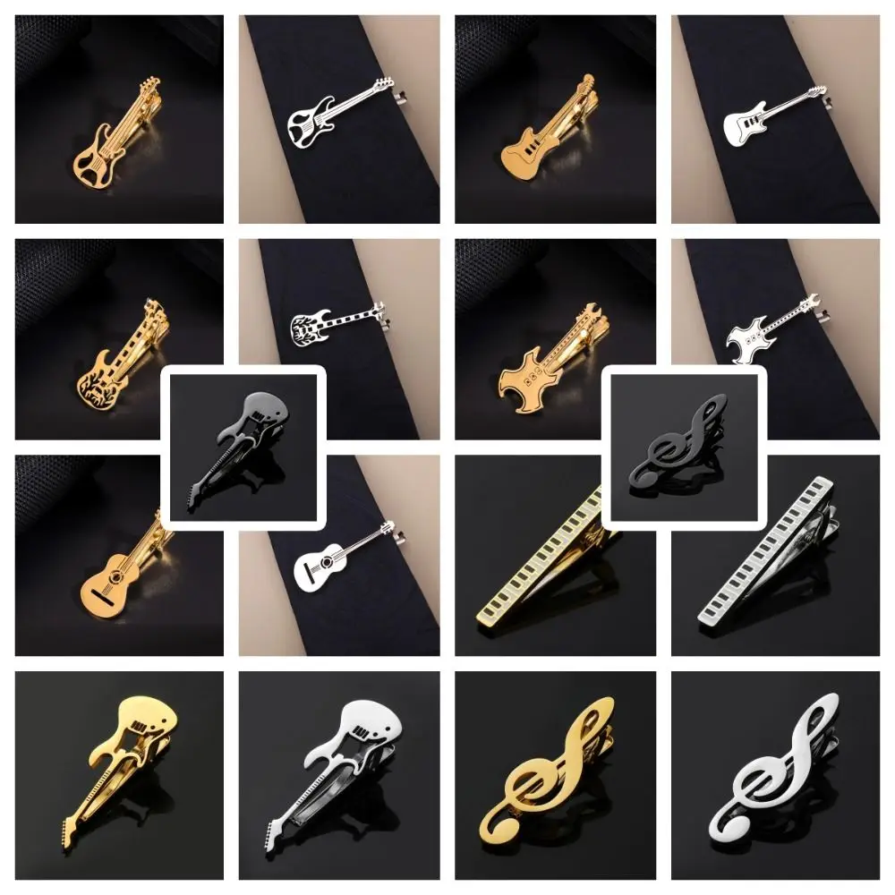 Fashion Treble Clef Guitar Tie Clip Instrument Titanium Steel Music Note Tie Pin Punk Hip Hop Piano Necktie Buckle Men thumbnail 6