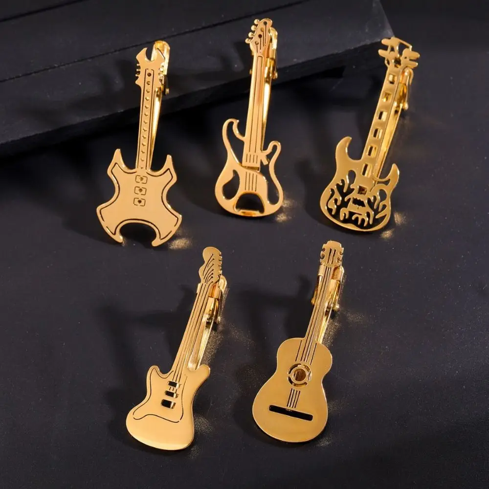 Fashion Treble Clef Guitar Tie Clip Instrument Titanium Steel Music Note Tie Pin Punk Hip Hop Piano Necktie Buckle Men thumbnail 3