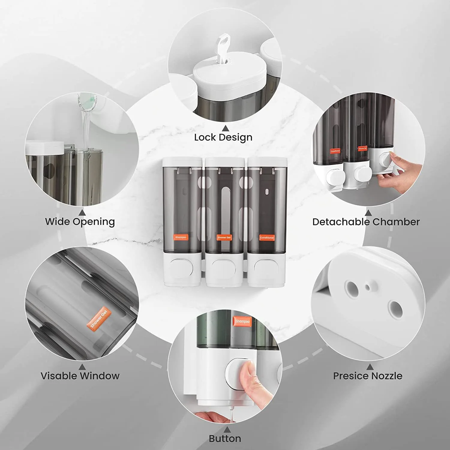 Liquid Soap Dispenser Three-Head  Shower and Lotion Dispenser Waterproof Shampoo Gel Container Wall Mount with Clear Window thumbnail 5