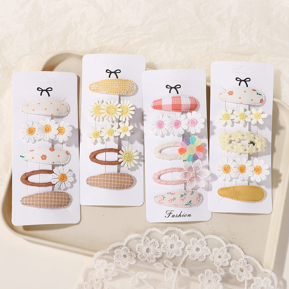 BABY BOWS 5Pcs/lot Girls Lovely Hair Clips Set Embroidered Bangs Barrette Ins Style Daisy Hairpin Kids Hairgripes Accessories