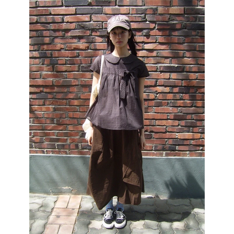 Vintage Plaid Shirts Women Japanese Harajuku Bow Peter Pan Collar Blouses Summer Korean Aesthetic Short Sleeve Casual Tops New thumbnail 3