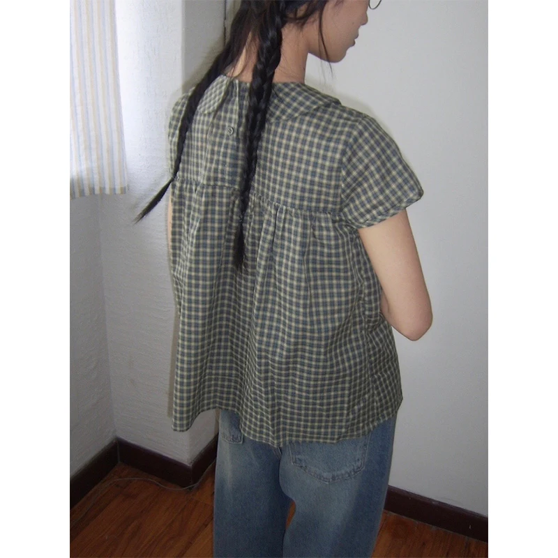 Vintage Plaid Shirts Women Japanese Harajuku Bow Peter Pan Collar Blouses Summer Korean Aesthetic Short Sleeve Casual Tops New thumbnail 5