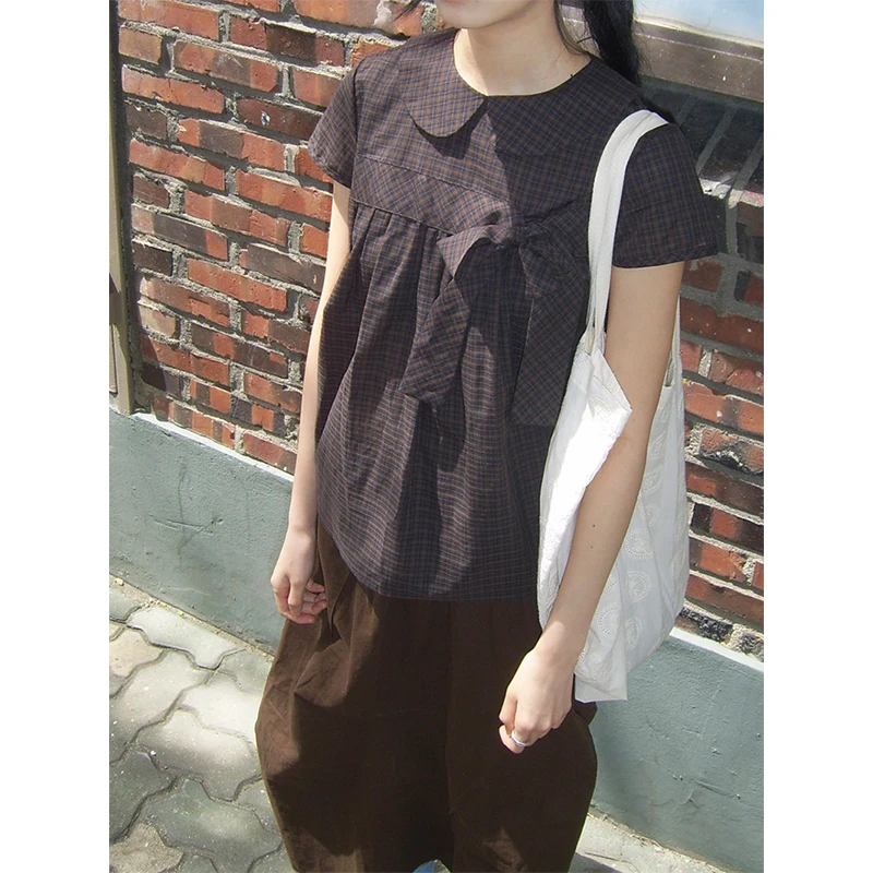 Vintage Plaid Shirts Women Japanese Harajuku Bow Peter Pan Collar Blouses Summer Korean Aesthetic Short Sleeve Casual Tops New thumbnail 2