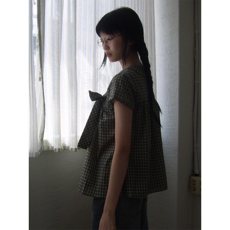 Vintage Plaid Shirts Women Japanese Harajuku Bow Peter Pan Collar Blouses Summer Korean Aesthetic Short Sleeve Casual Tops New thumbnail 6