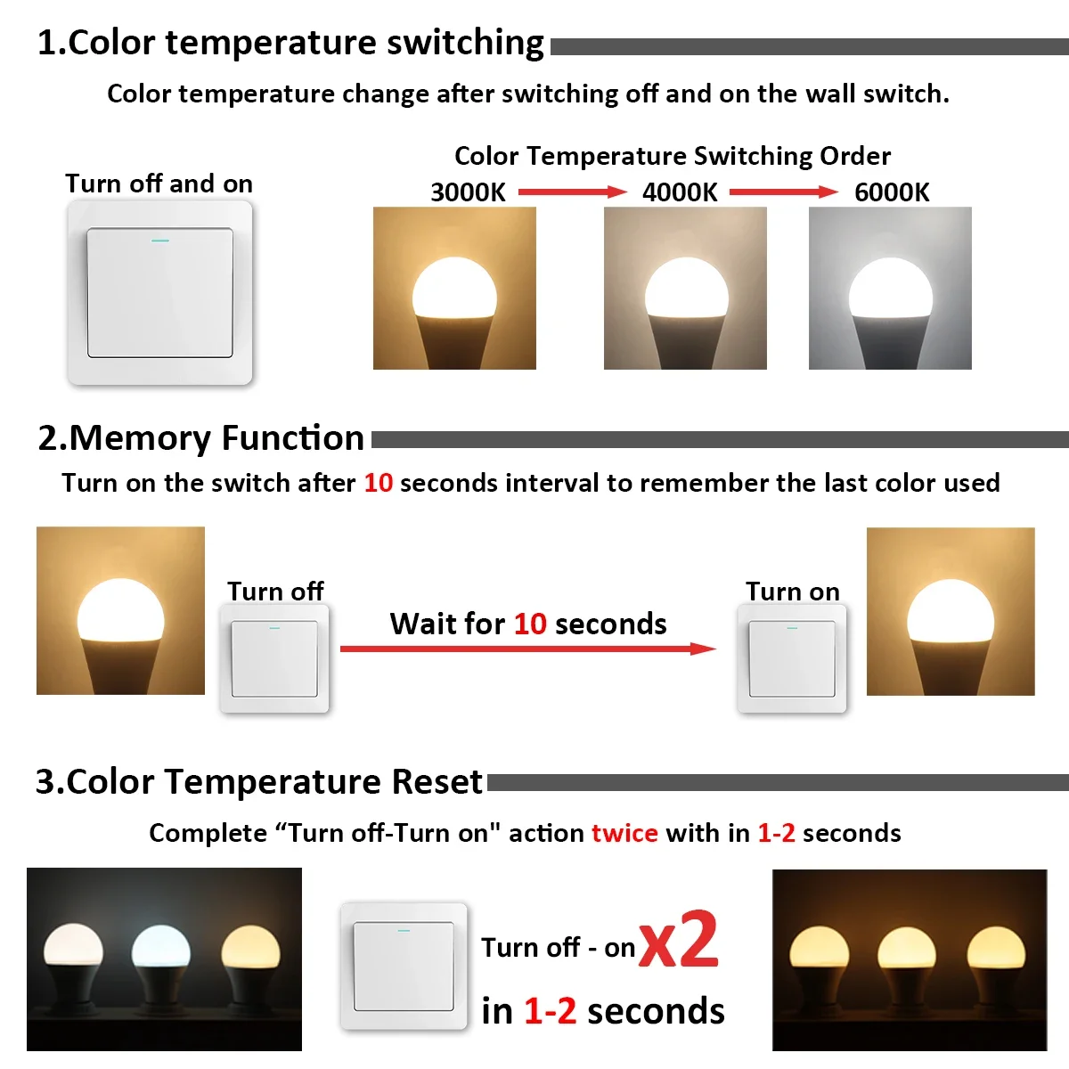 8pcs LED light Bulb Tricolor Dimming  AC220V 110V 18W 24W Wall Switch CCT 3000K 4000K 6000K Memory Function for Home Bedroom thumbnail 2