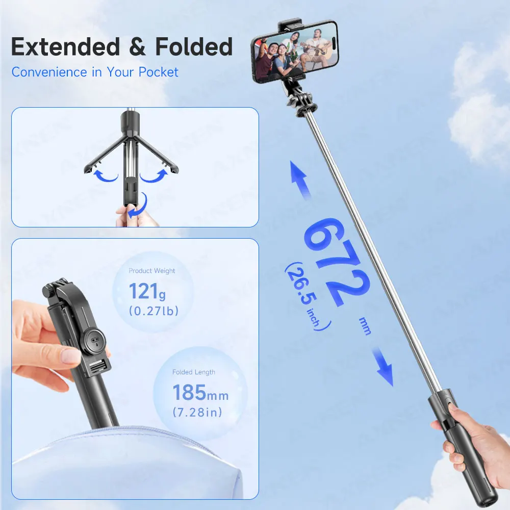 Selfie Stick Tripod with Detachable Bluetooth Remote, 360° Rotation,Extendable Pole, Fill Light Option, for iPhone Android Phone thumbnail 3