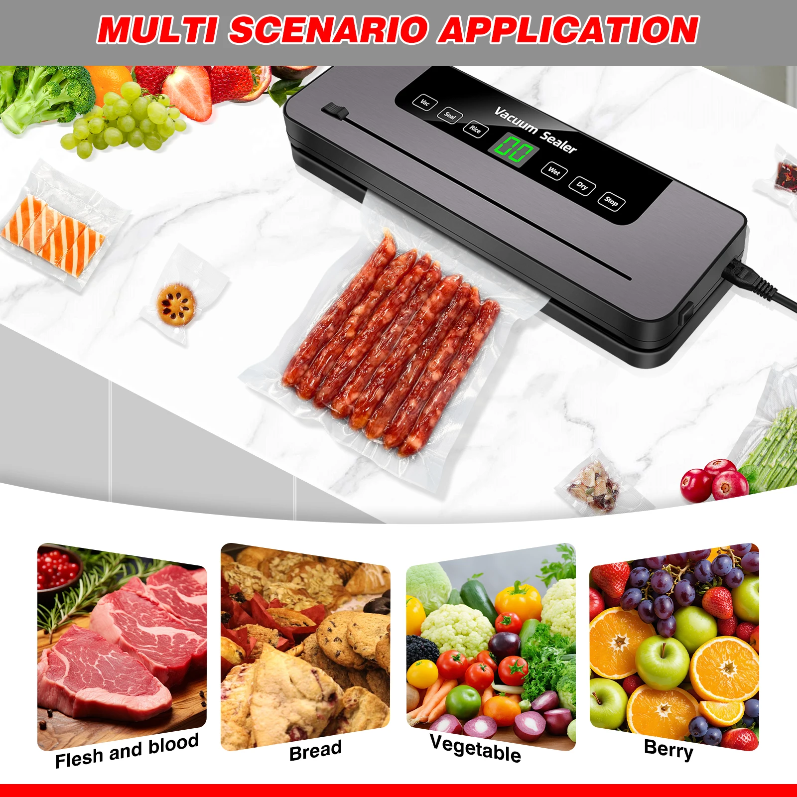 Vacuum Sealer,Automatic Food Vacuum Sealer,5 modes,with 10 sealing pockets and built-in cutter for sealing of wet and dry food thumbnail 3
