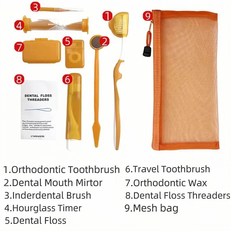 8pcs/set Dental Care Brush Kit Orthodontic Teeth Cleaning Tool Foldable Toothbrush Interdental Brush Floss Thread Wax Travel Kit thumbnail 2