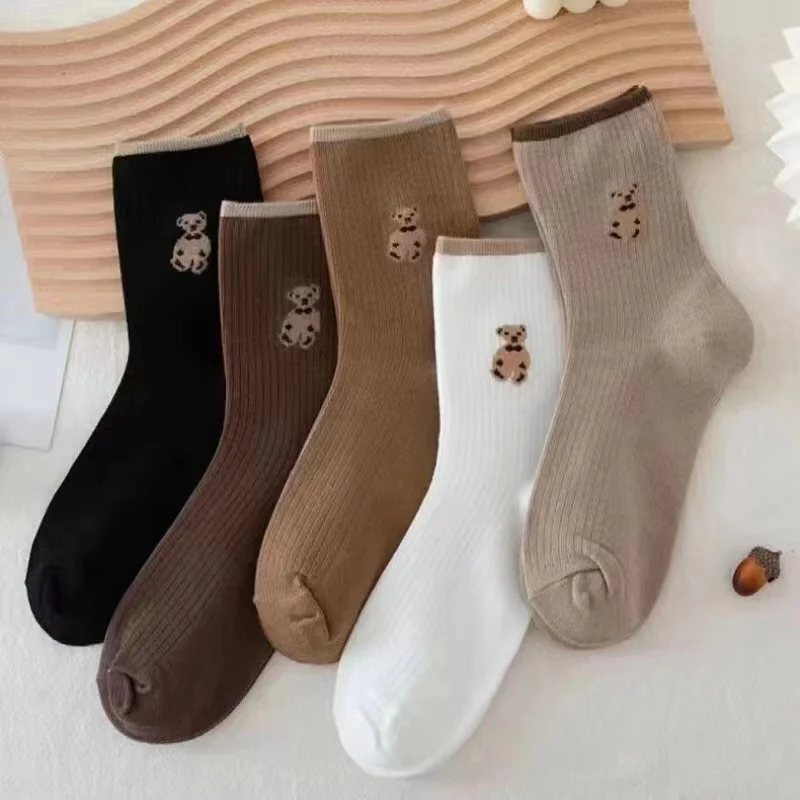 5pairs Cartoon Bear Socks Soft Cotton Socks Autumn Coffee Stockings Kawaii Women Socks Korean Casual Stockings Women Hosiery thumbnail 2