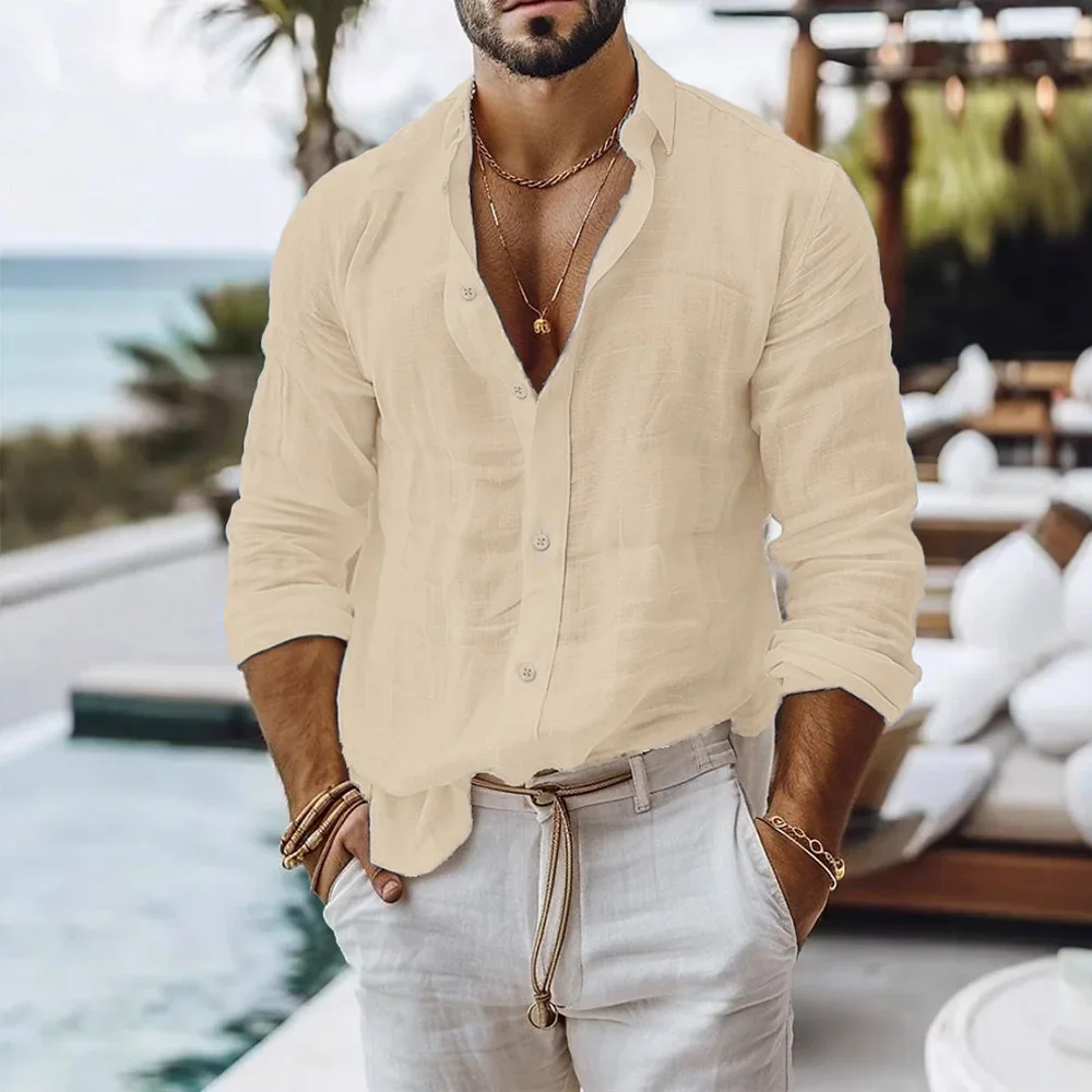 Cotton Linen Shirt for Men Summer Beach Style Solid Color Single Breasted Breathable Shirts Lightweight Stylish Button Tops thumbnail 3