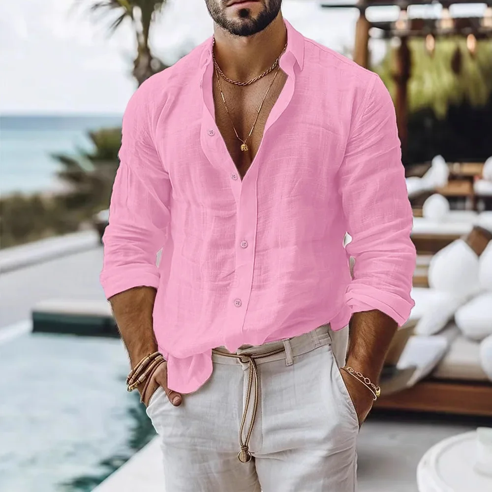 Cotton Linen Shirt for Men Summer Beach Style Solid Color Single Breasted Breathable Shirts Lightweight Stylish Button Tops thumbnail 4