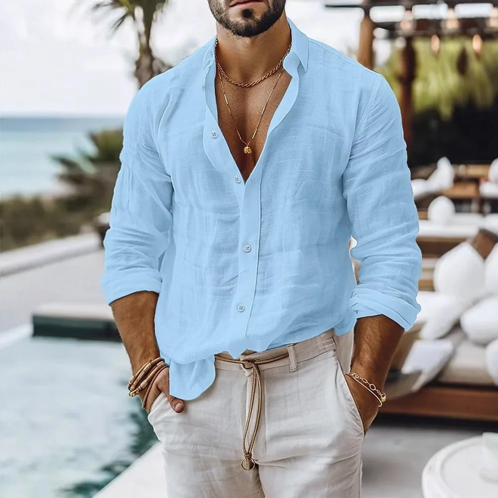 Cotton Linen Shirt for Men Summer Beach Style Solid Color Single Breasted Breathable Shirts Lightweight Stylish Button Tops thumbnail 2