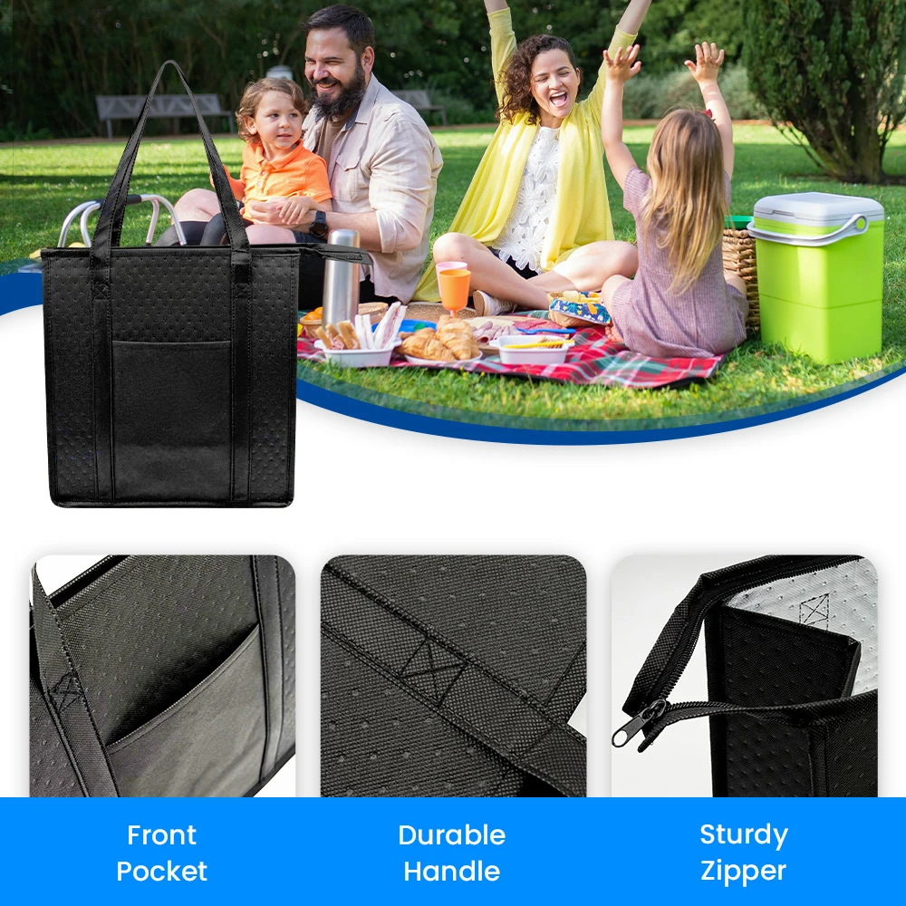 Large Insulated Reusable Grocery Bag with Zipper & Front Pocket, keep cool/warm for hours for Camping Picnic, fishing, shopping thumbnail 2