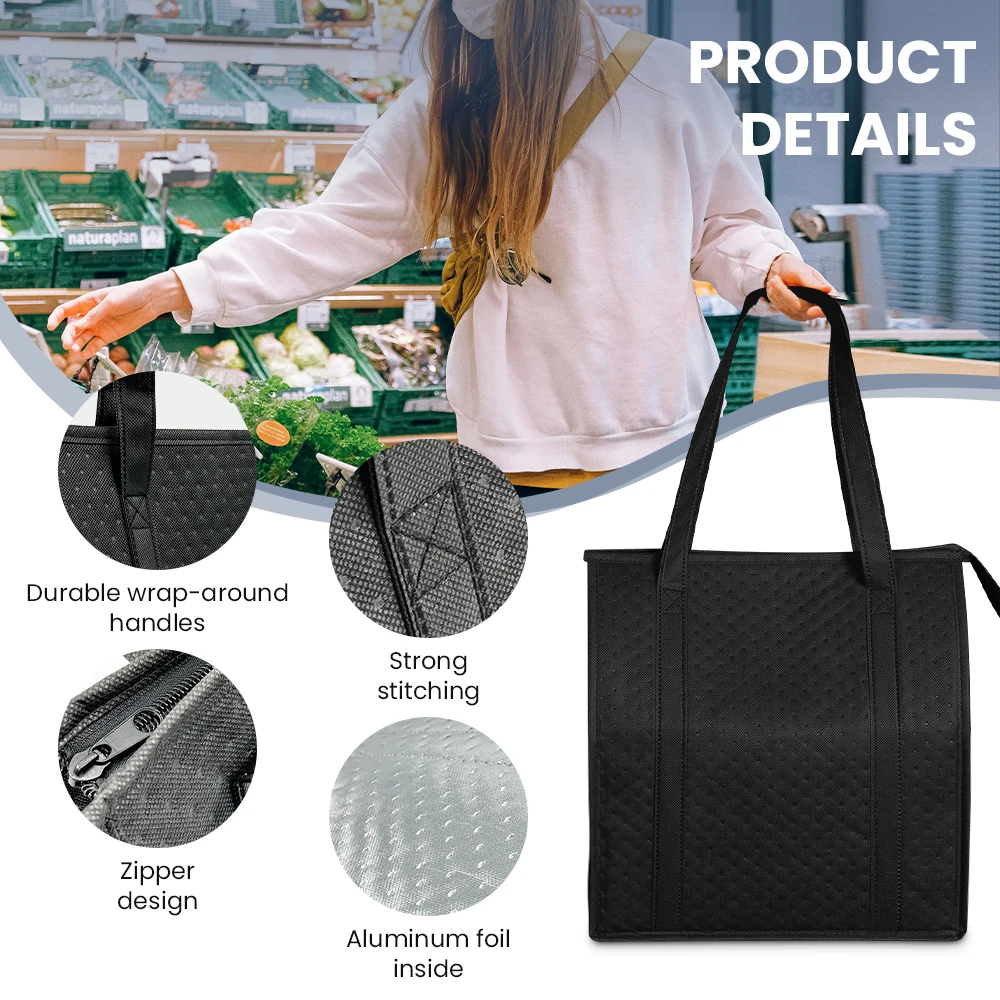 Large Insulated Reusable Grocery Bag with Zipper & Front Pocket, keep cool/warm for hours for Camping Picnic, fishing, shopping thumbnail 3