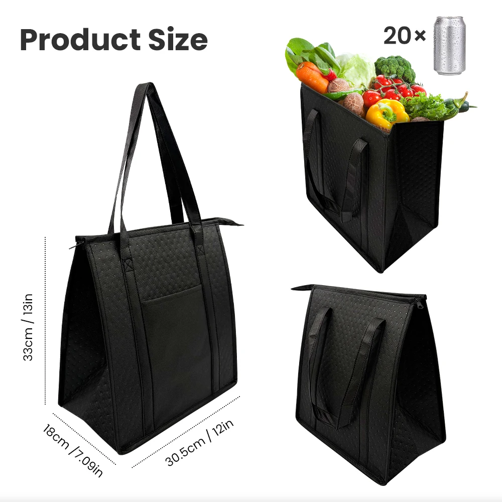 Large Insulated Reusable Grocery Bag with Zipper & Front Pocket, keep cool/warm for hours for Camping Picnic, fishing, shopping thumbnail 5